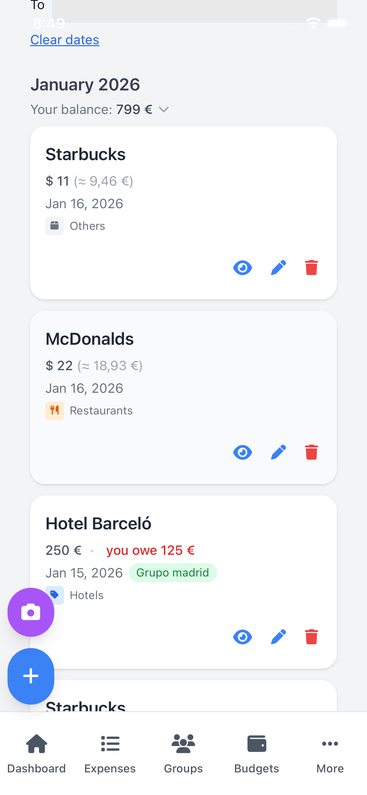 Expenses in multiple currencies with automatic conversion